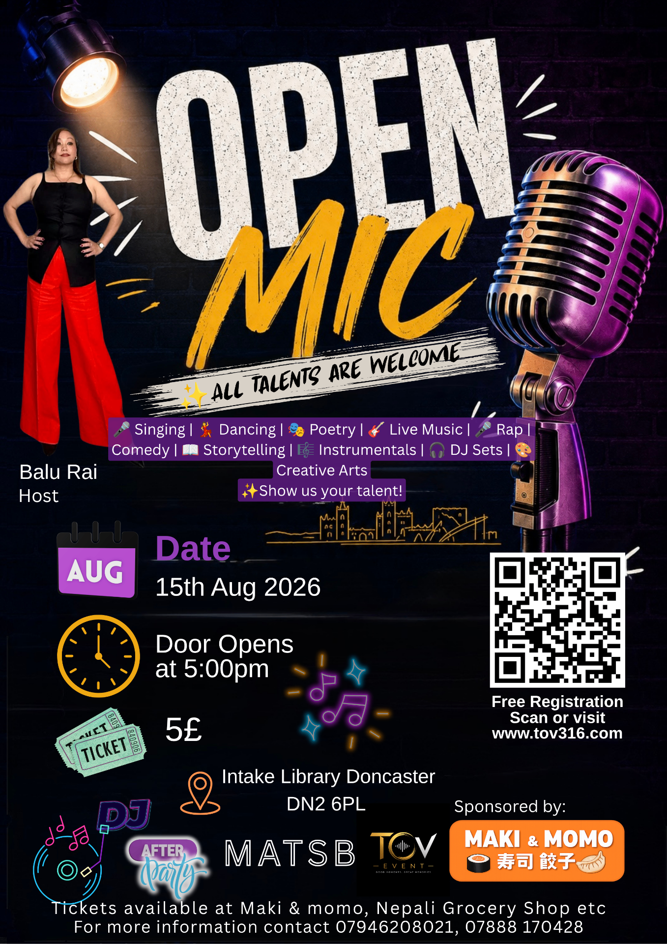 Open Mic Night poster — Doncaster, 15 August 2026