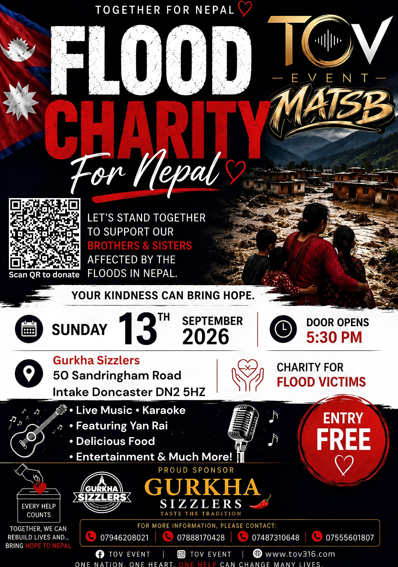 Nepal Hope & Relief Flood Charity poster — Sunday 13th September 2026 at Gurkha Sizzlers, Doncaster